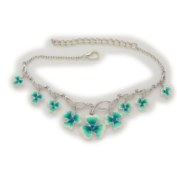 Women Silver Metal Chain Boot Bracelet Shoe Bright Baby Blue Clover Flower Charm - Picture 12 of 12